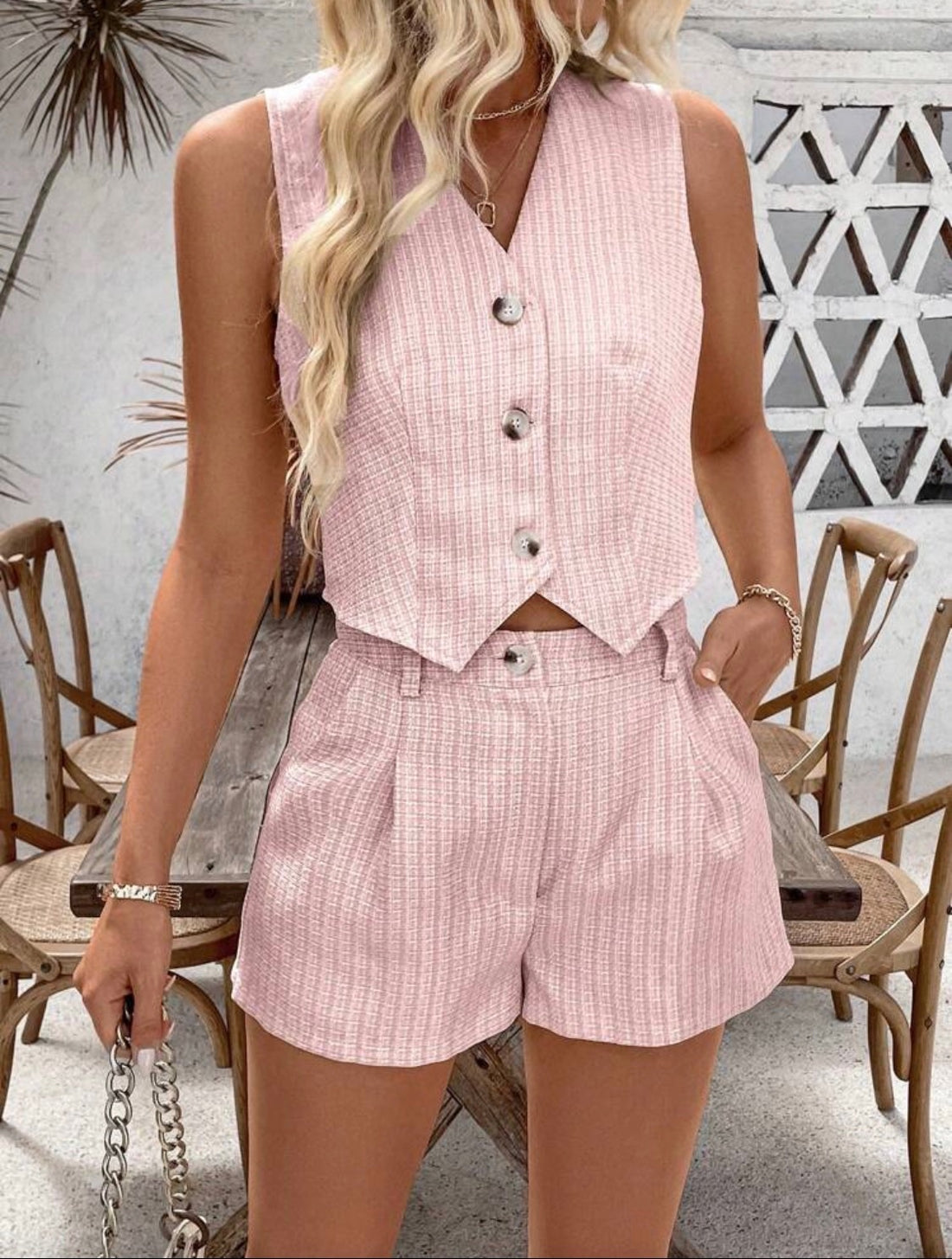 Summer Plaid Single Breasted Vest and Short Set