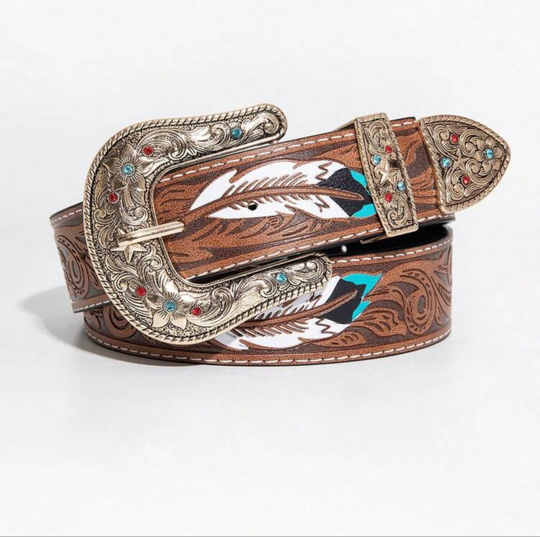 Western Embossed Handpainted Leather Belt with Rhinestones on the Buckle