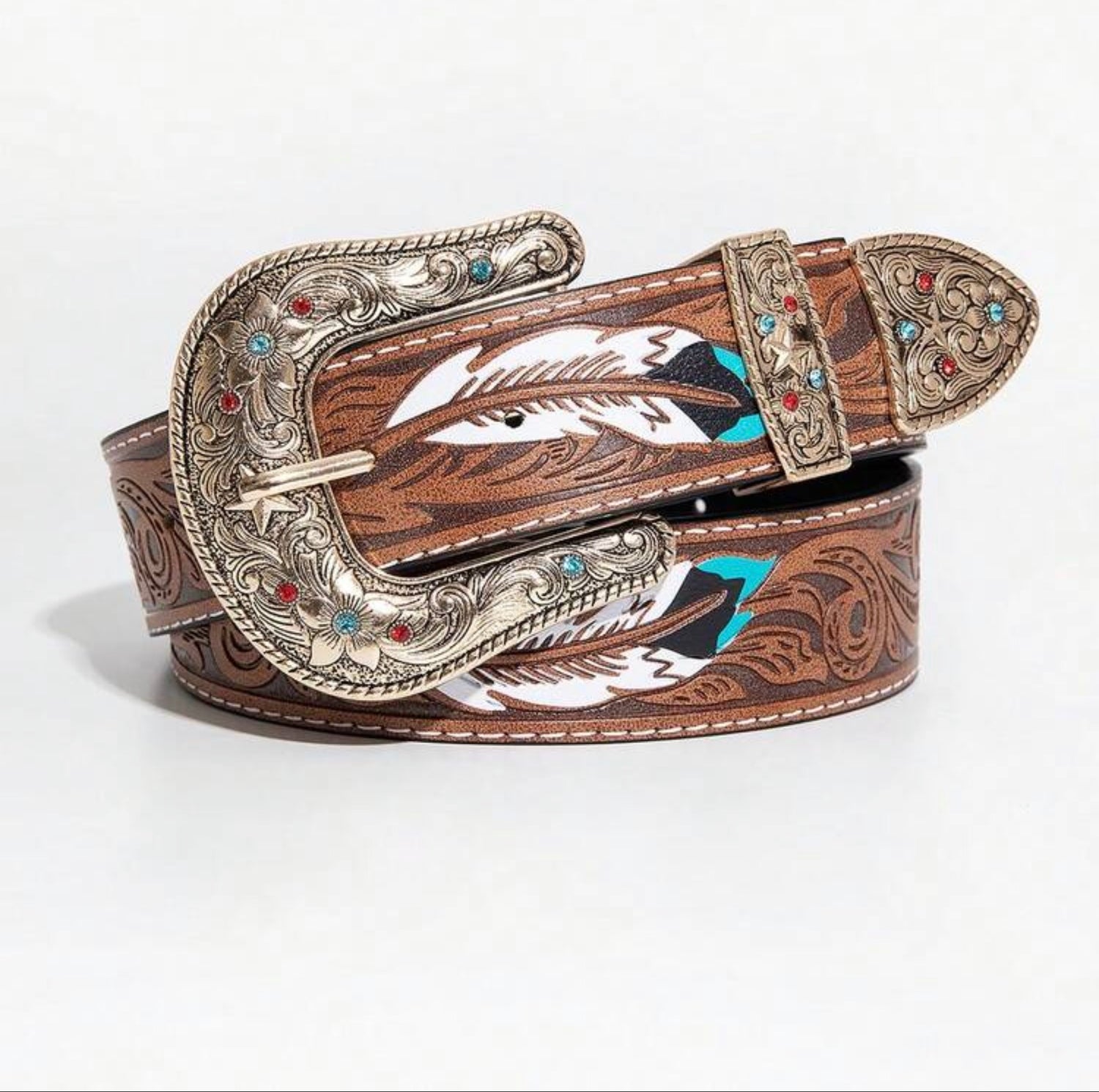 Western Embossed Handpainted Leather Belt with Rhinestones on the Buckle