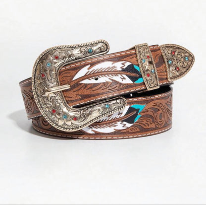 Western Embossed Handpainted Leather Belt with Rhinestones on the Buckle