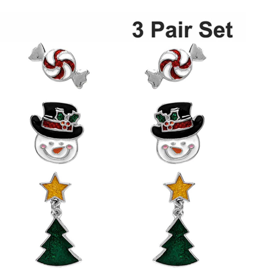 Peppermint, Frosty, and Tree Christmas Stud Earring 3 Pair Set