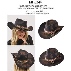 Rustic Cowgirl Fedora Hat with Feather &amp; Distressed Fabric Band