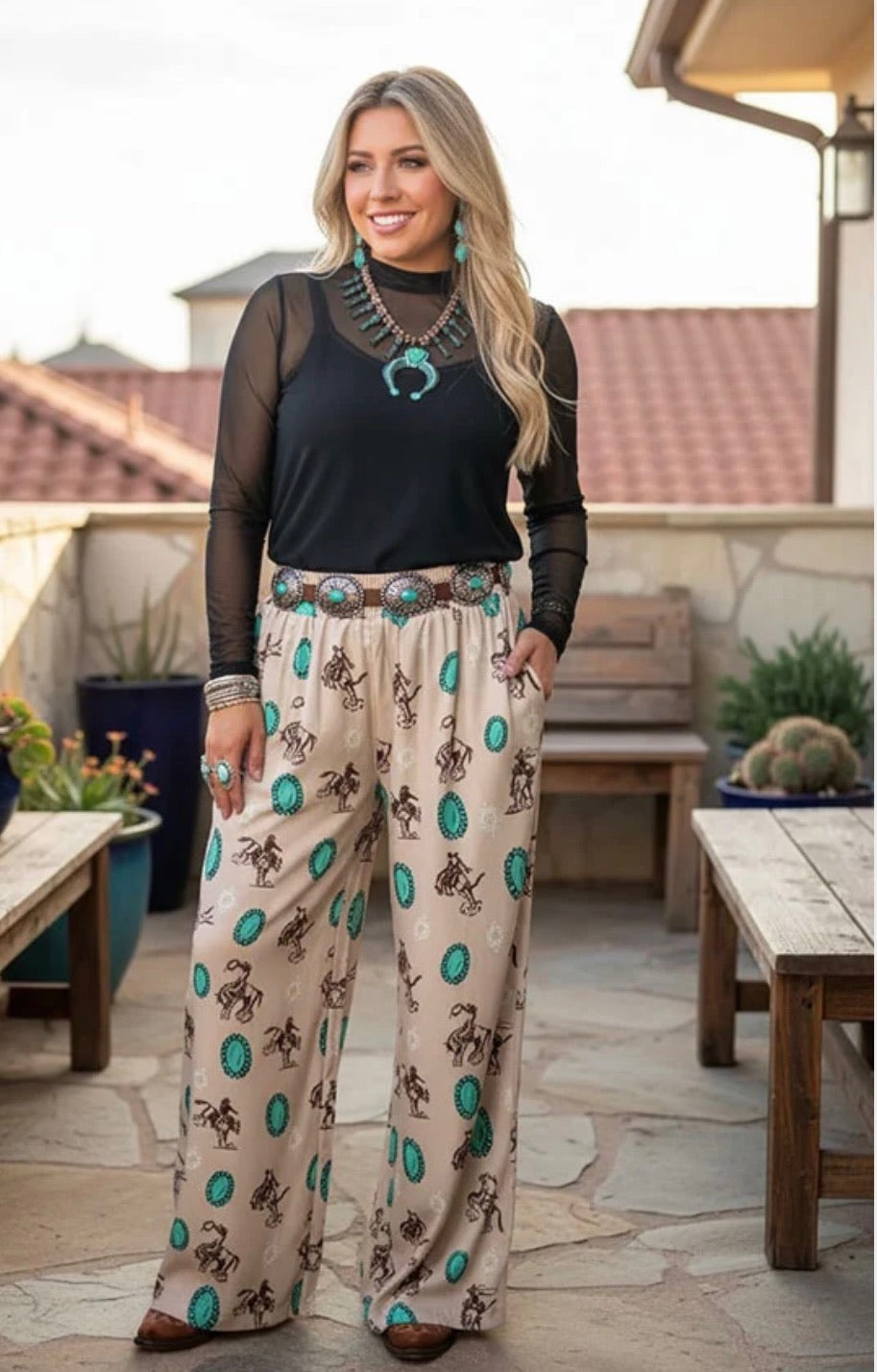 Western Turquoise Cowboy Wide Leg Boutique Pants