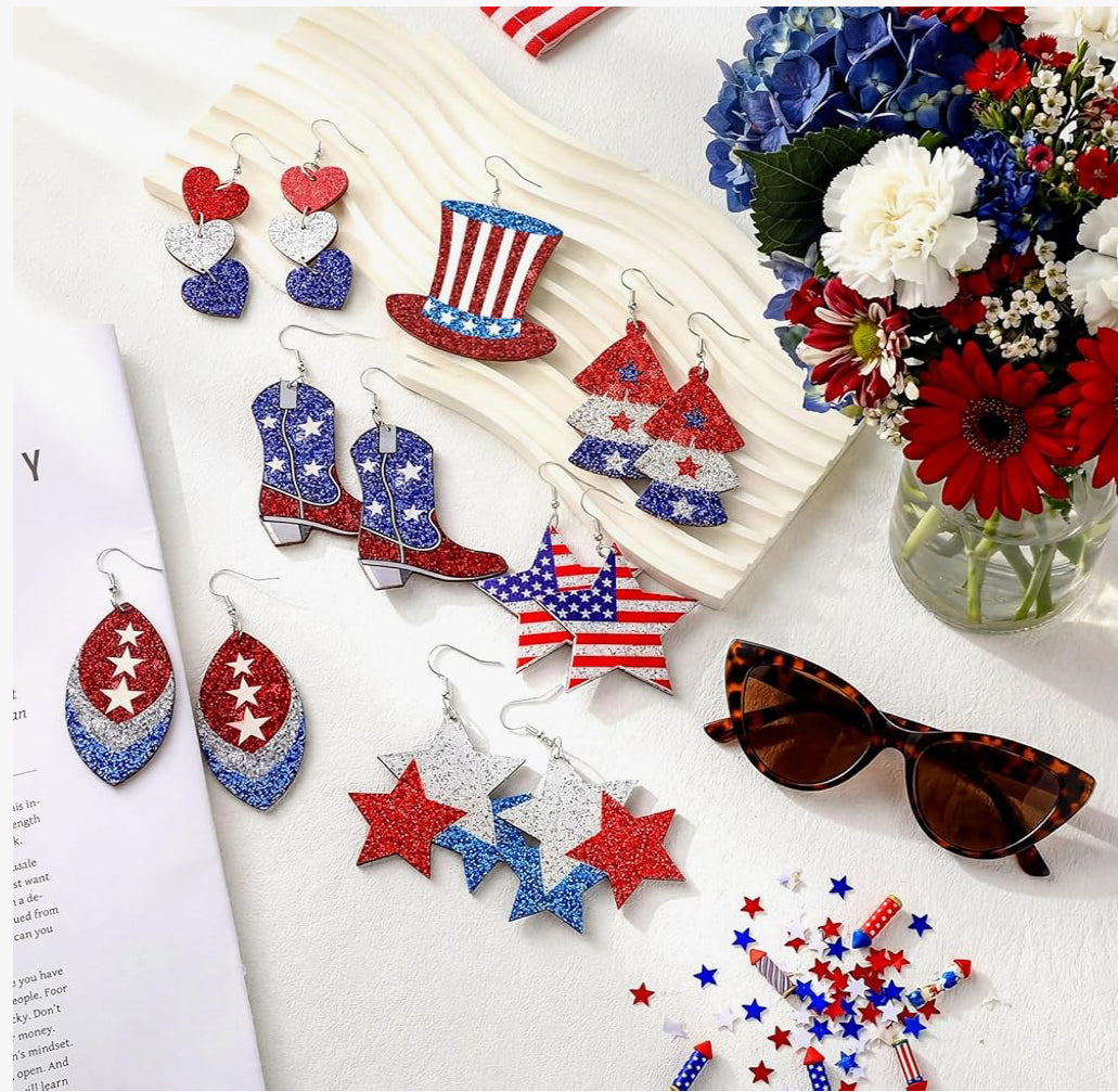 Glitter 4th of July Patriotic Wooden Earrings