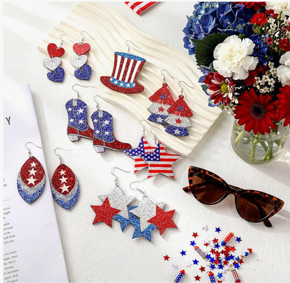 Glitter 4th of July Patriotic Wooden Earrings