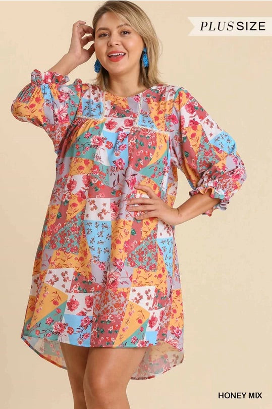 Mixed Print Crochet Trim Ruffled Sleeve Dress with Back Keyhole and No Lining