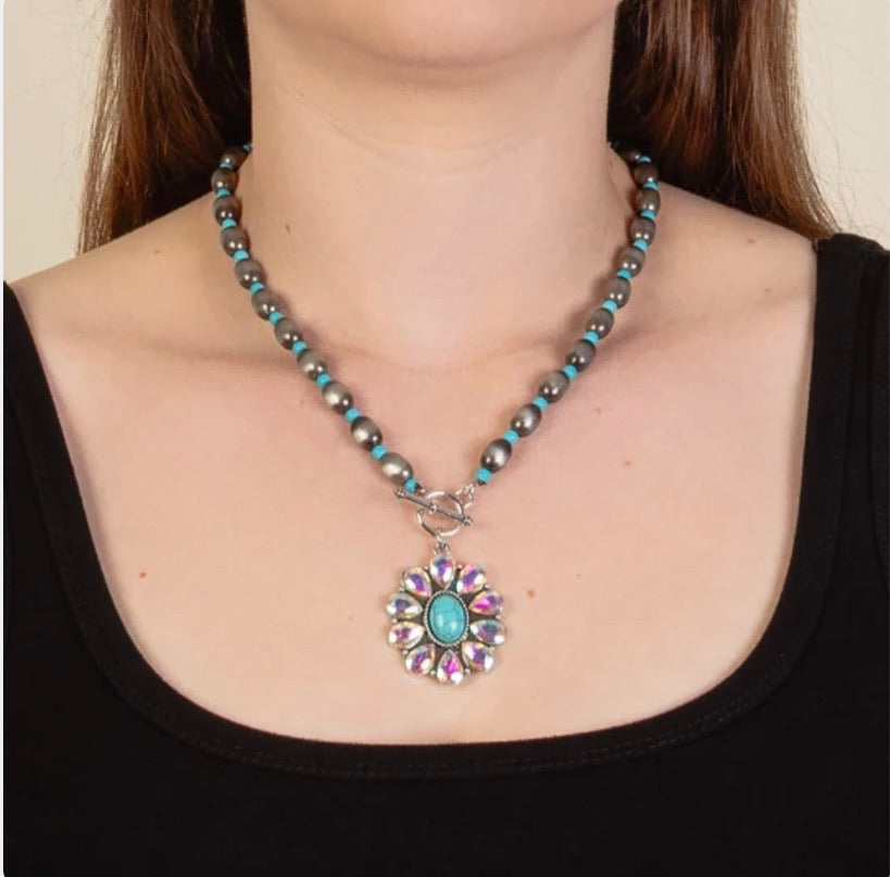 Turquoise Sun Burst on Navajo Beads &amp; Keyhole Lock Closure