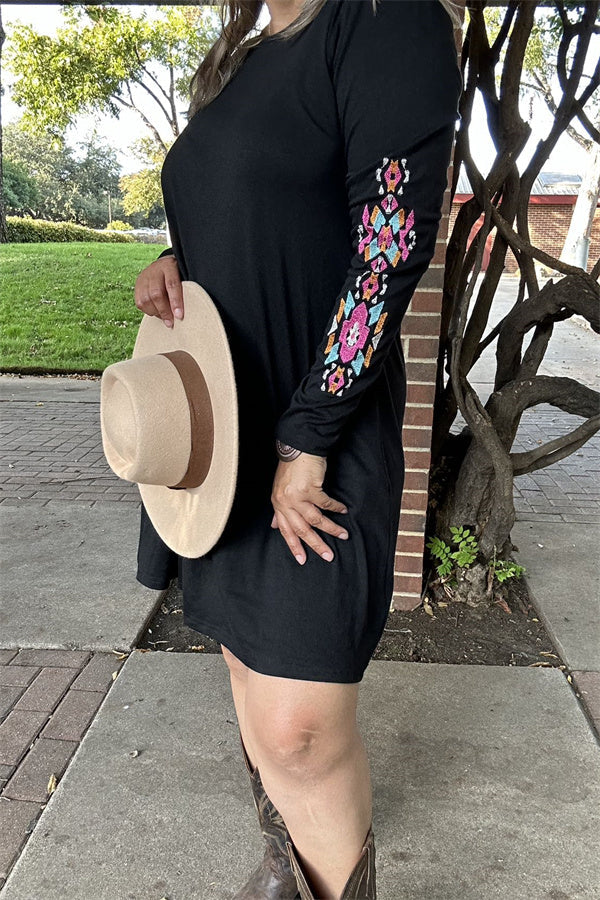 Black Dress with Aztec Floral Embroidery Long Sleeve