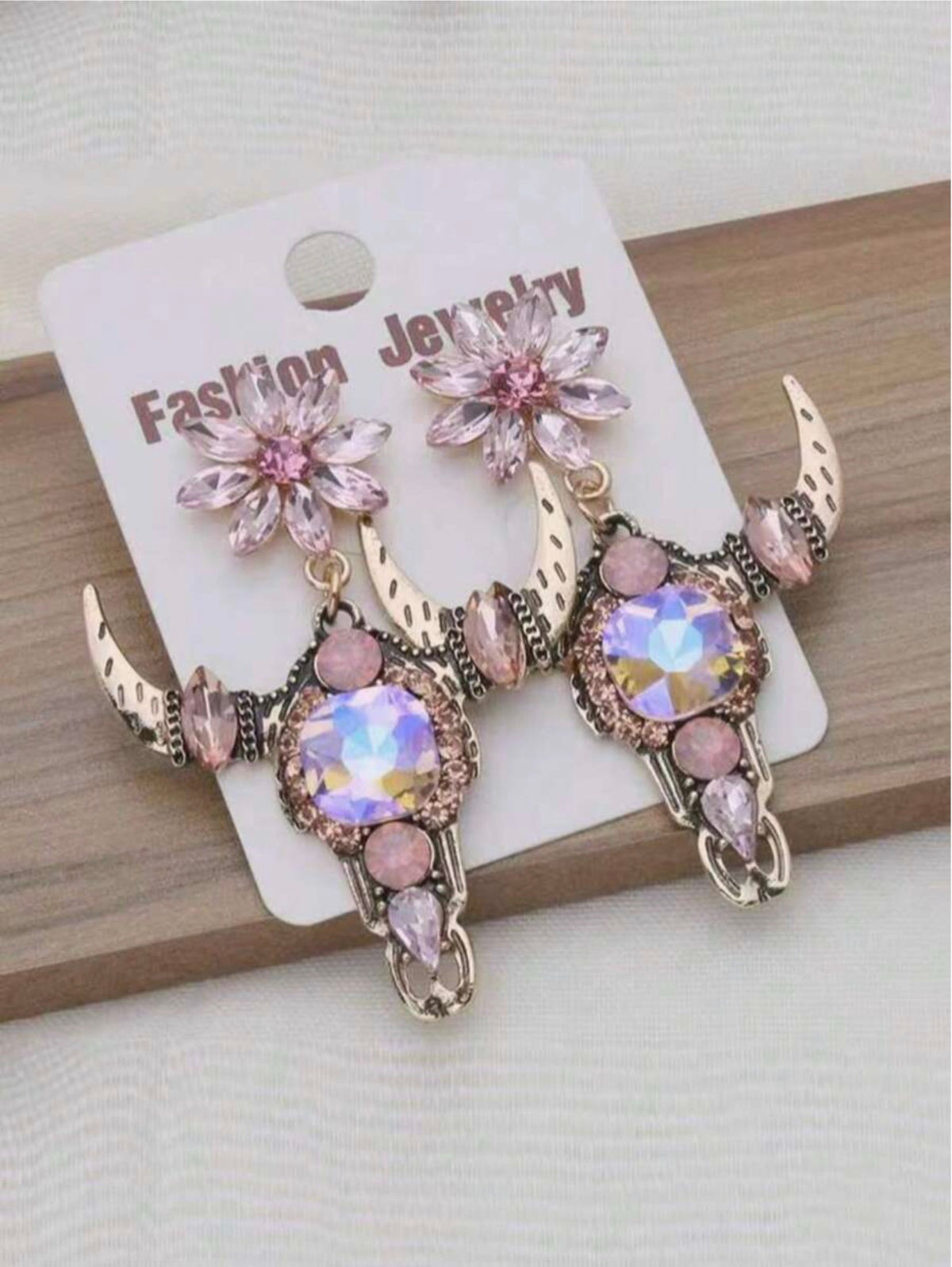 Crystal Rhinestone Cow Skull Dangle Earrings