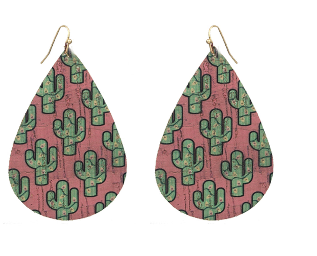 Leather Pink with Cactus Teardrop Earrings