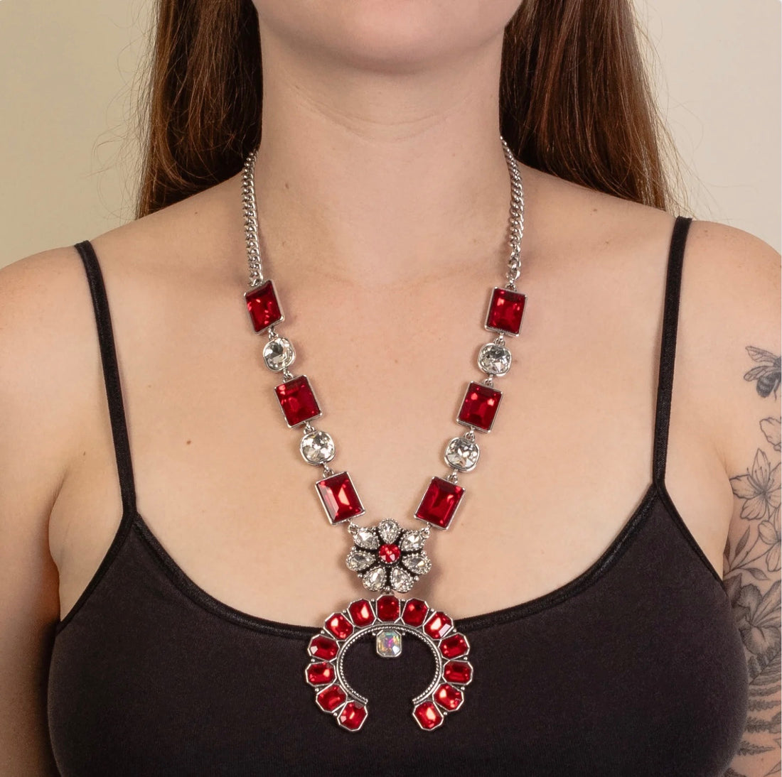 Red Crystal Squash Blossom Pendant Necklace