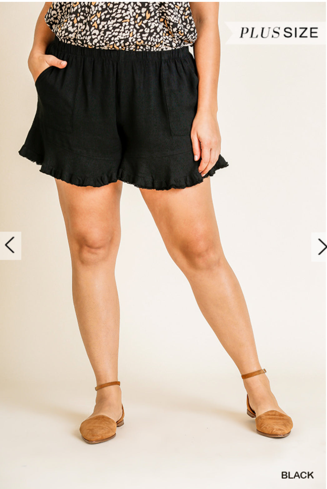 Women’s Umgee Plus Size Linen Blend Elastic Waist Shorts with Ruffle Hem and Pockets