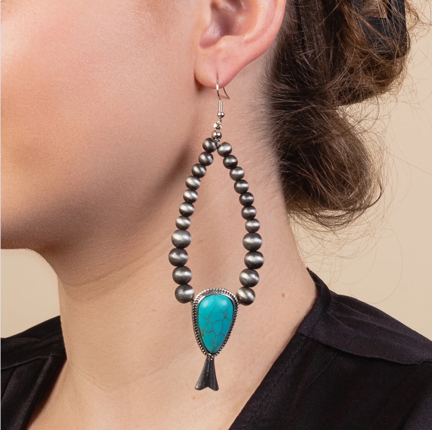 Turquoise Squash Blossom Hoop Earrings