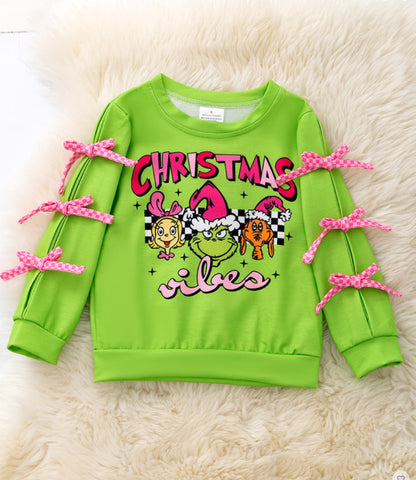 GREEN GRINC*MAS SWEATSHIRT WITH SLEEVE BOWS