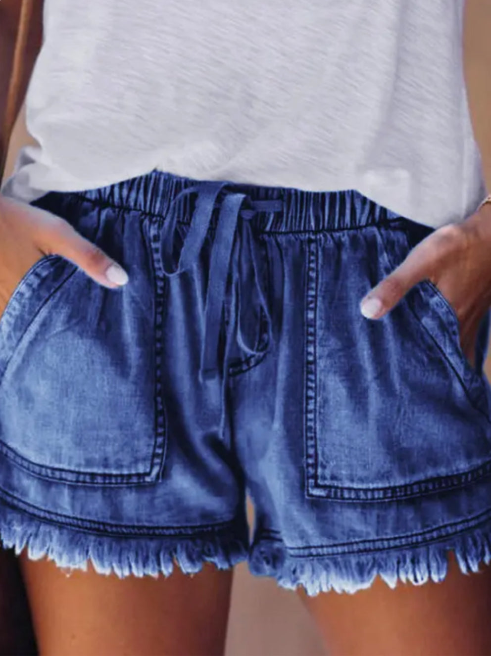 Casual Drawstring High Waisted Denim Fringed Shorts