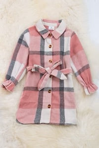 Pink Plaid Long Sleeve Button Down Dress with Tie Around