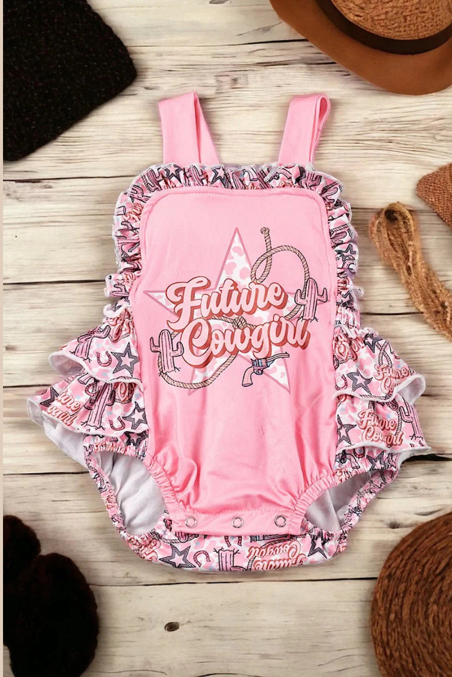 ‘Future Cowgirl’ Onesie with Ruffles and Spaghetti Straps