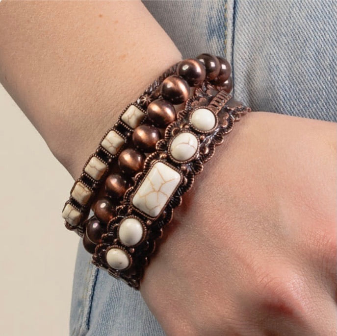 Stacked Copper and Ivory Squash Blossom Bracelet Set