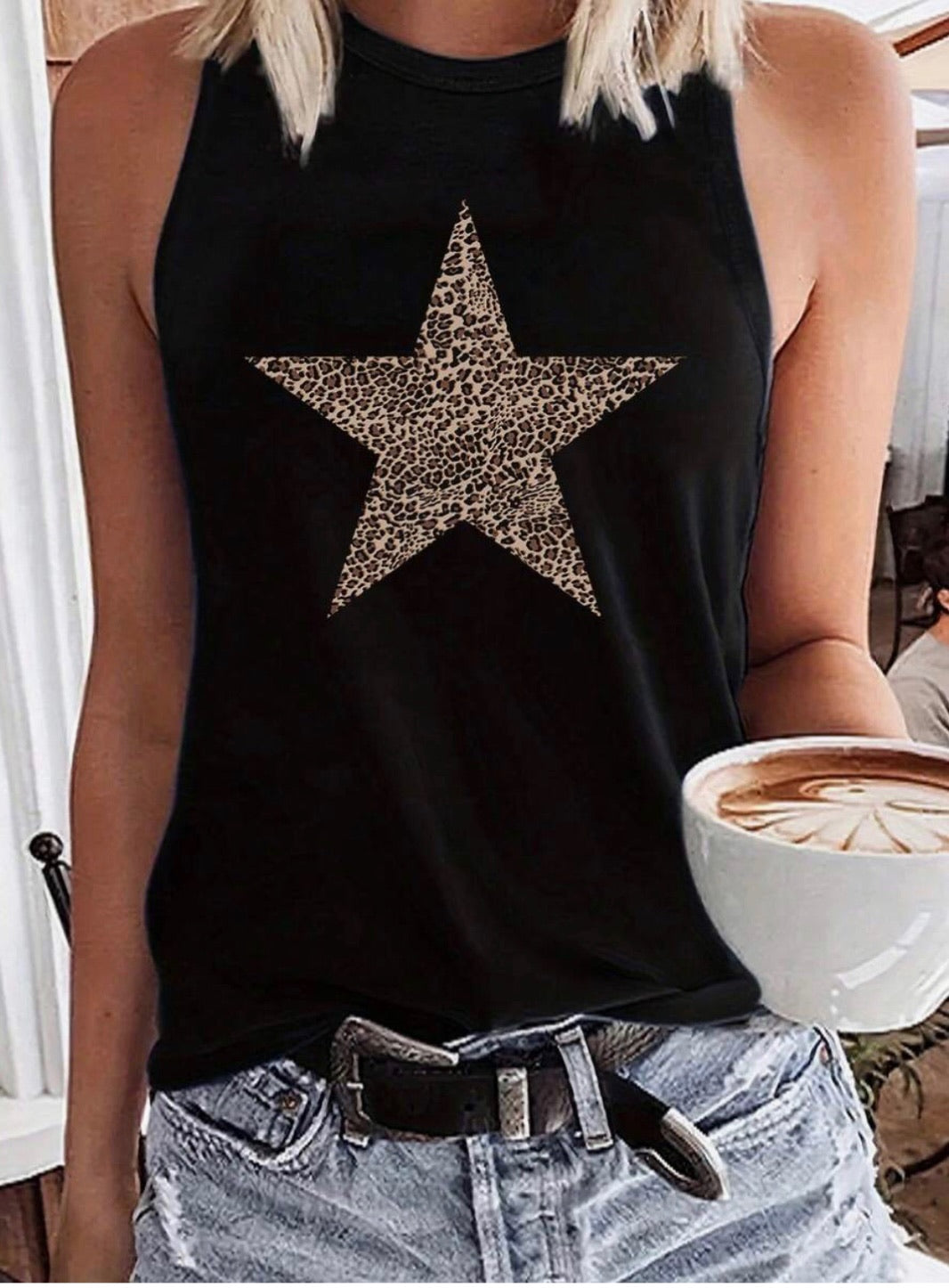 Every Day Leopard Star Print Black Tank Top