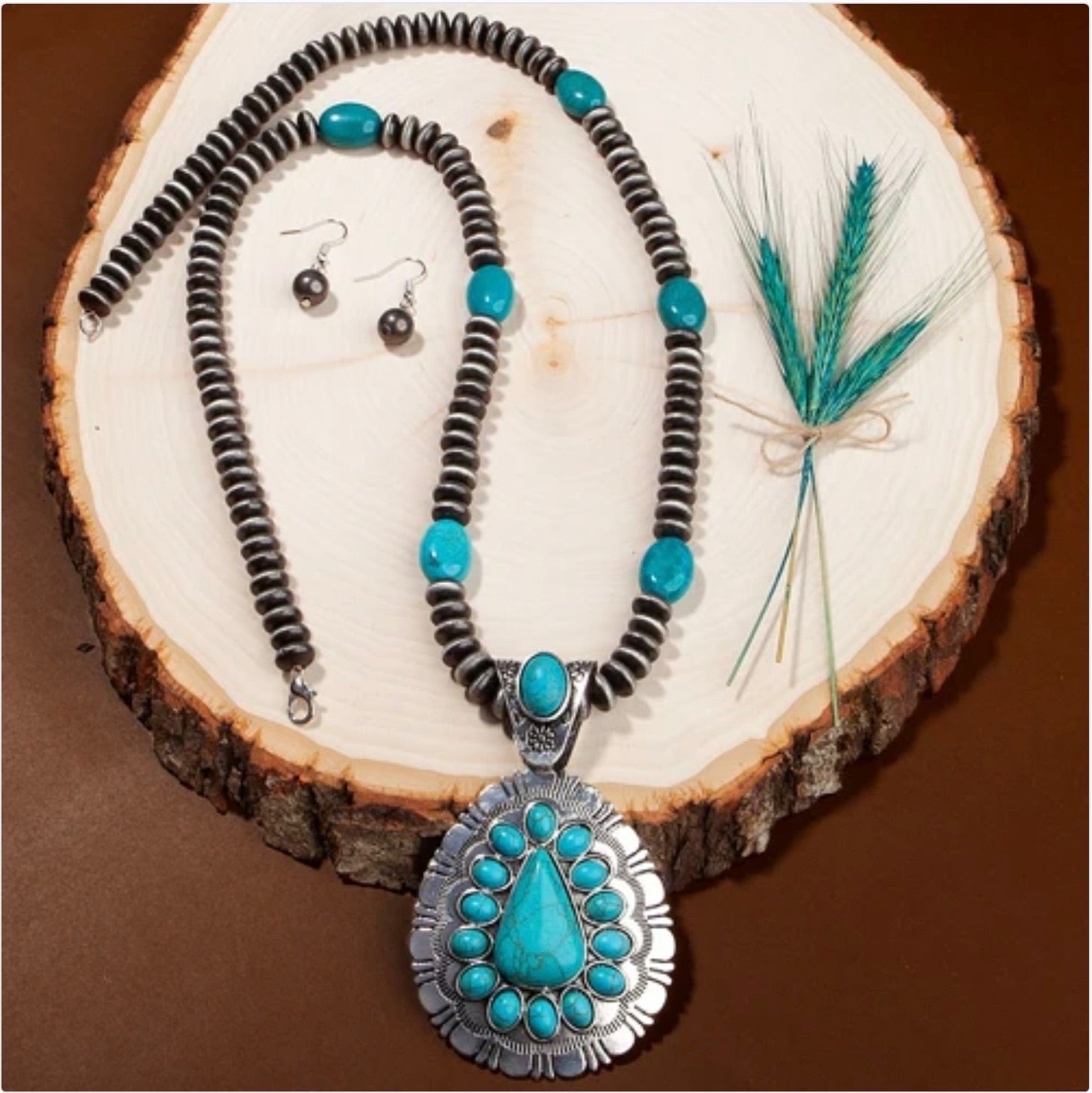 Turquoise and Silver Squash Blossom Pendant Necklace