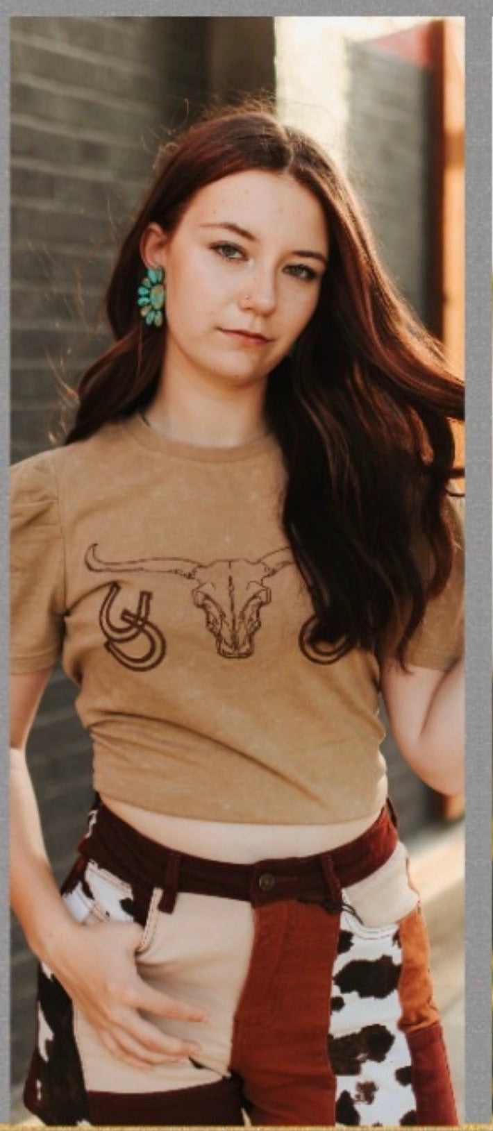 Mineral Wash Longhorn &amp; Horseshoe Embroidered Puff Sleeve Top