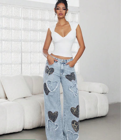 Low Waist Casual Jeans with Heart Embroidery