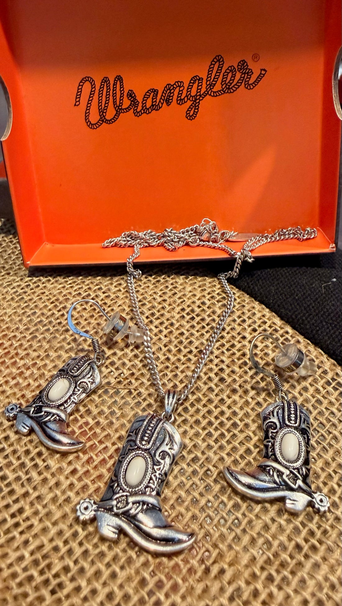 Wrangler Silver &amp; Turquoise Boot Necklace and Earring Set