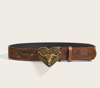 Vintage Leather Belt with Steerhead Heart Buckle