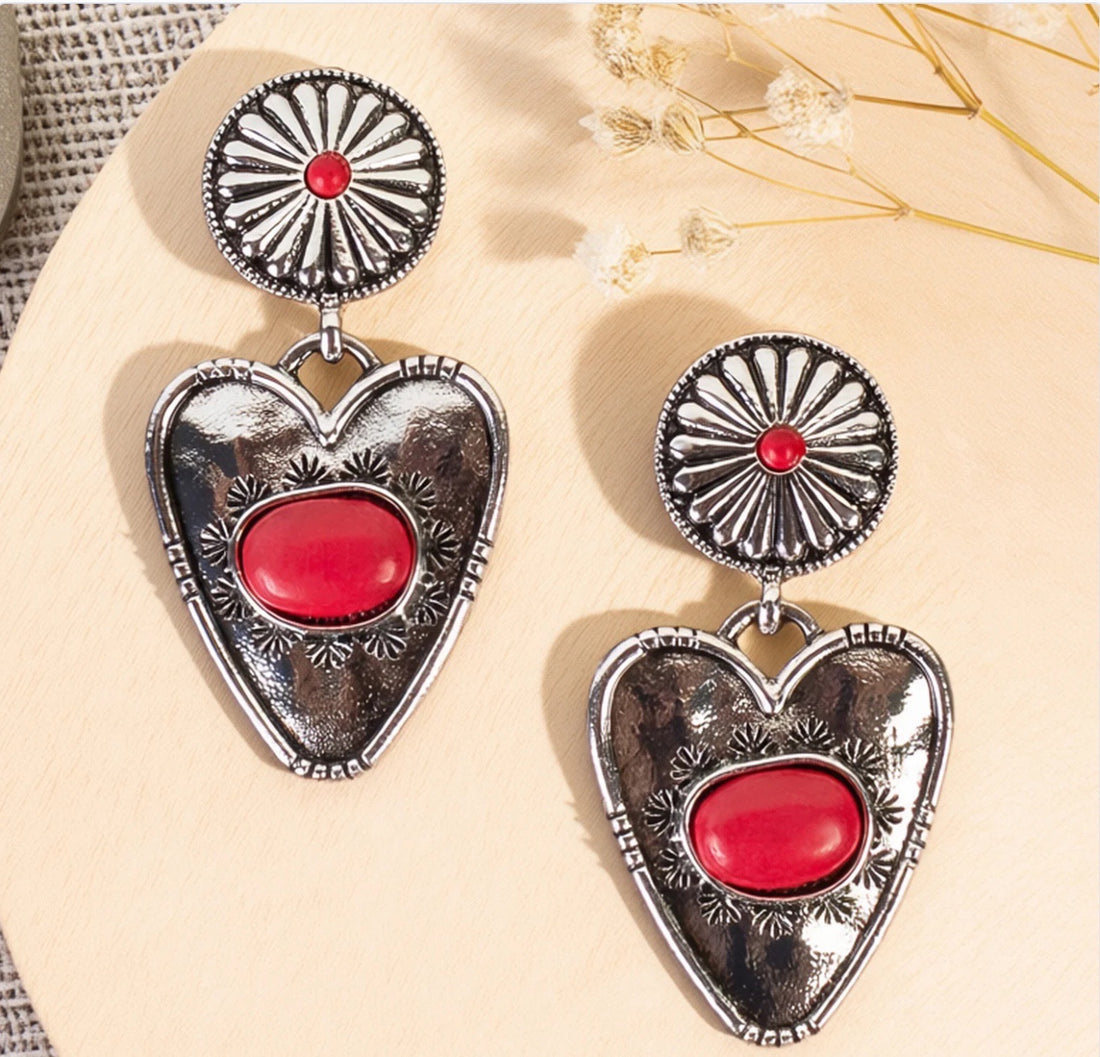 Red Heart Squash Blossom Dangle Earrings