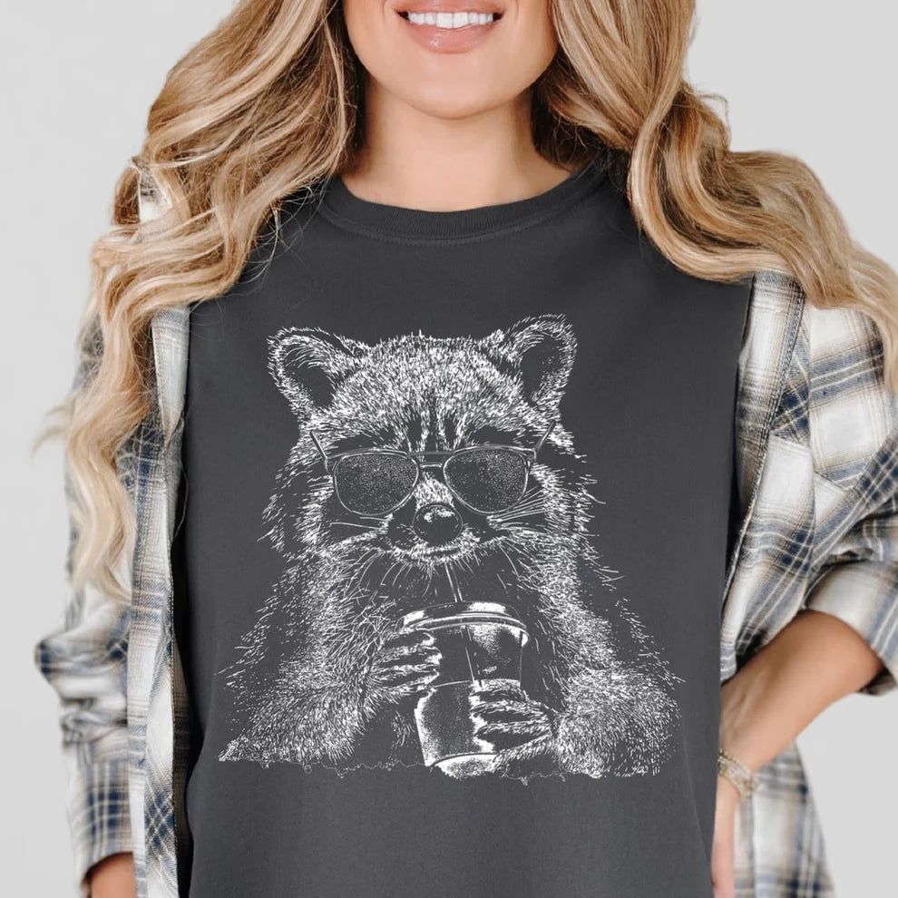 Coffee Sipping Raccoon Graphic Tee