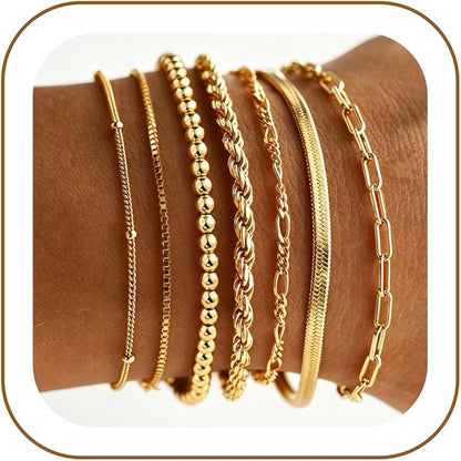 7PCS Gold Bracelets for Women, 14K Gold Plated Beaded Bracelet Set