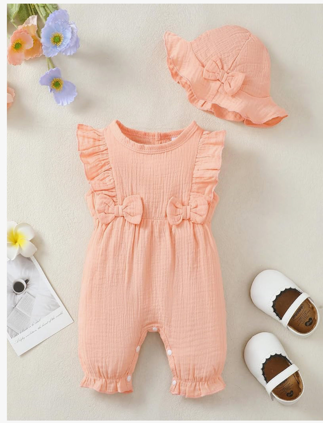 Baby Girls Soft Pink Bow Romper with matching Hat