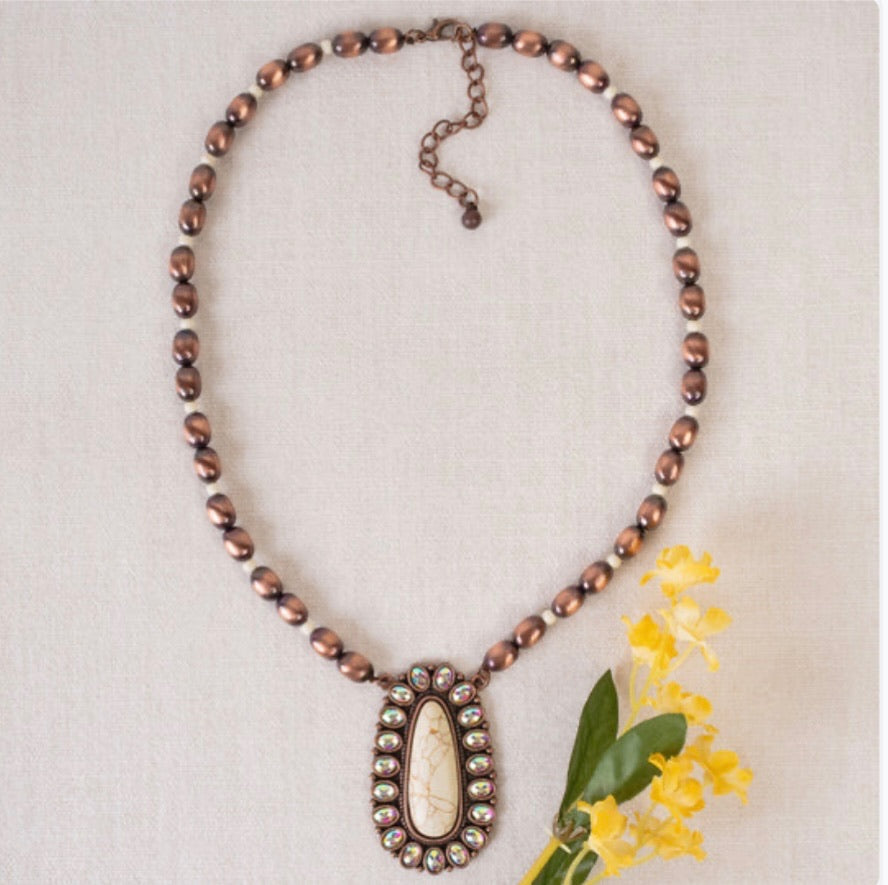 Copper and Ivory Iridescent Squash Blossom Necklace