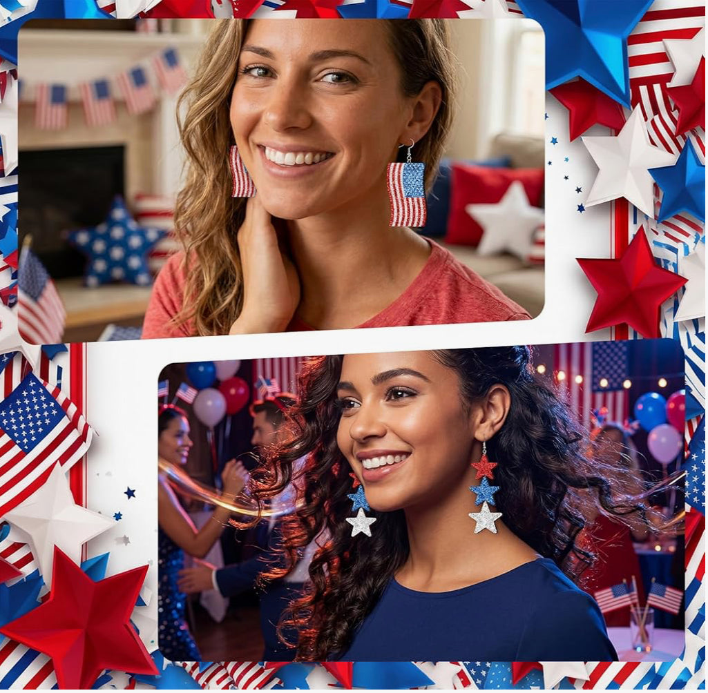 Glitter 4th of July Patriotic Wooden Earrings