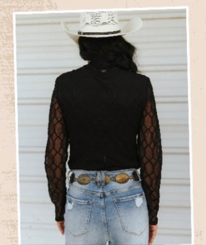 Black Western Horse Print Textured Mesh Mock Neck Top