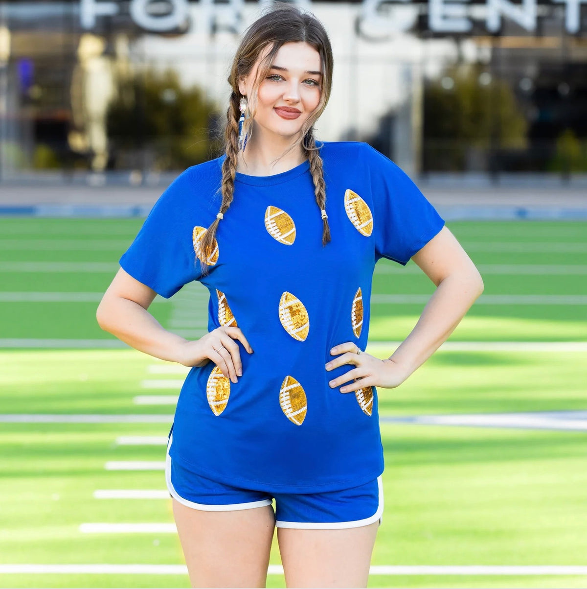 Blue Sequin Football Short Sleeve Top