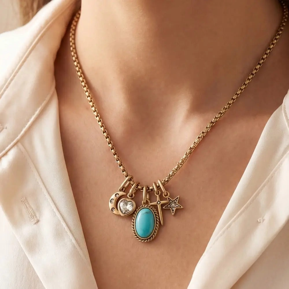 Western Turquoise &amp; Celestial Multi Charm Necklace