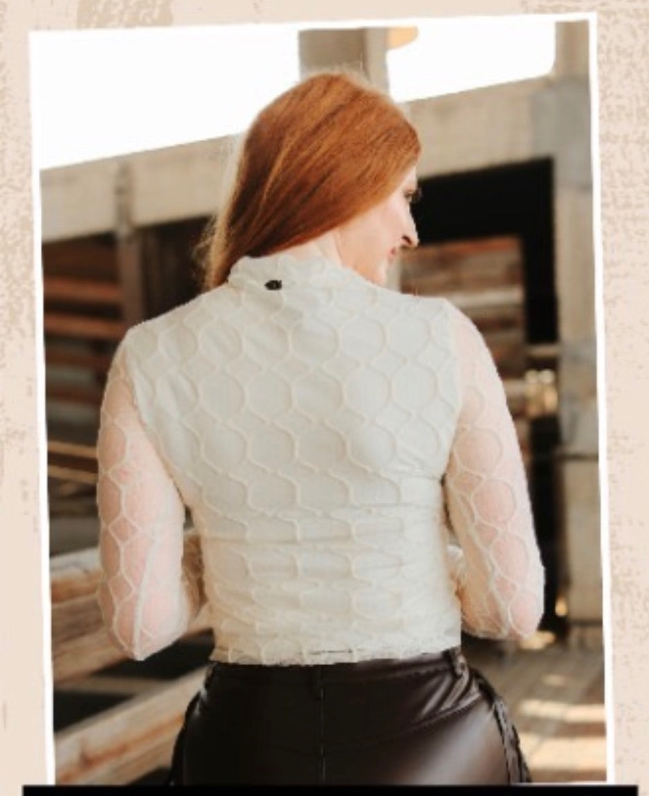 Nude Textured Mesh Mock Neck Long Sleeve Top