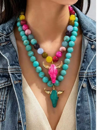 Western Turquoise Chunky Beaded Necklace