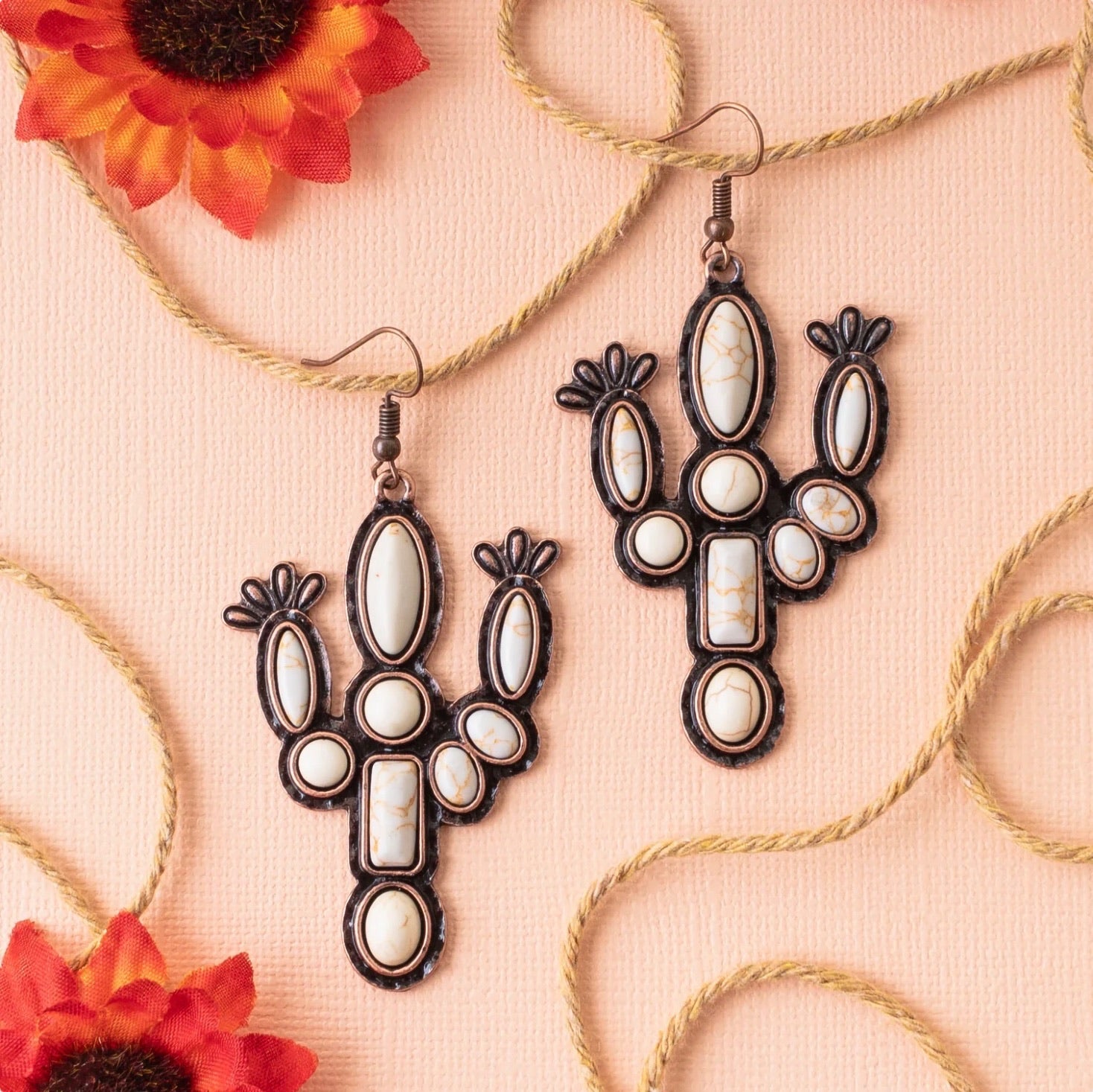 Copper and Ivory Prickly Cactus Dangle Earrings