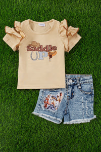 “Saddle Up” Cold Shoulder Top with Horse Print Patch Denim Shorts