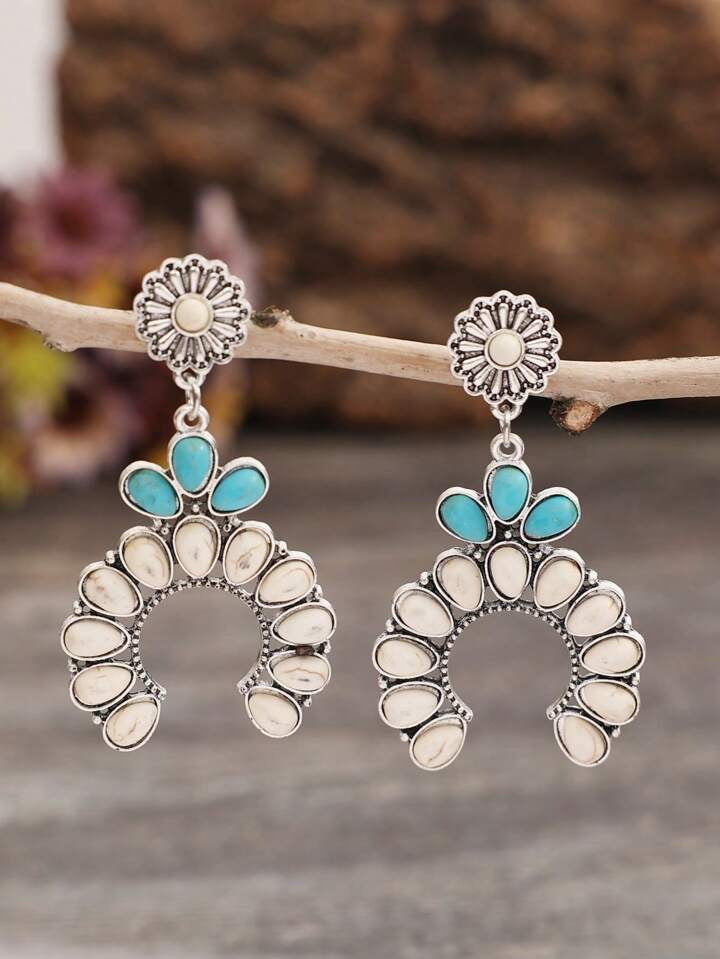 White and Turquoise Squash Blossom Dangle Earrings