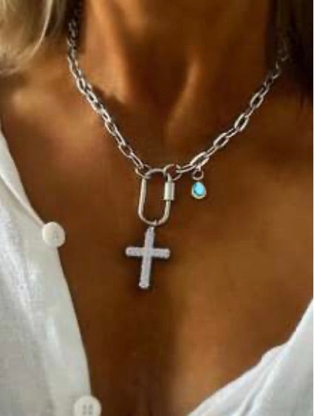 Cross Pendant Necklace with Turquoise Teardrop on Link Chain