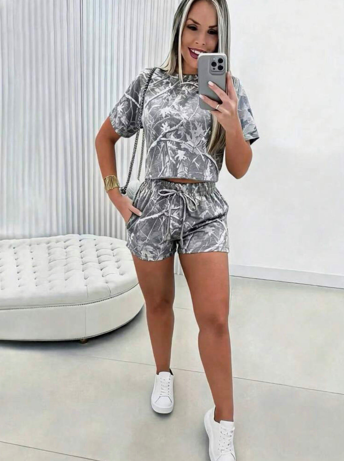 Camo Cropped T-Shirt and Short Set, Grey and White