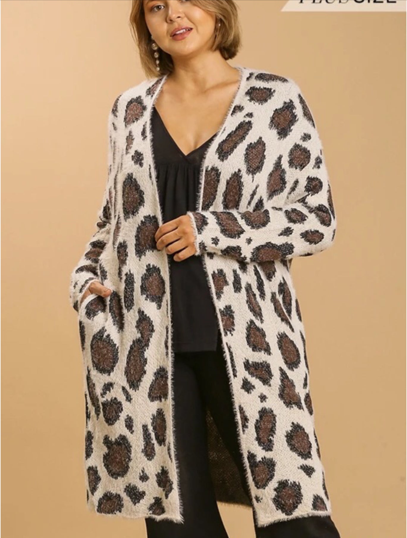 Animal Print Long Sleeve Fuzzy Open Front Sweater Cardigan