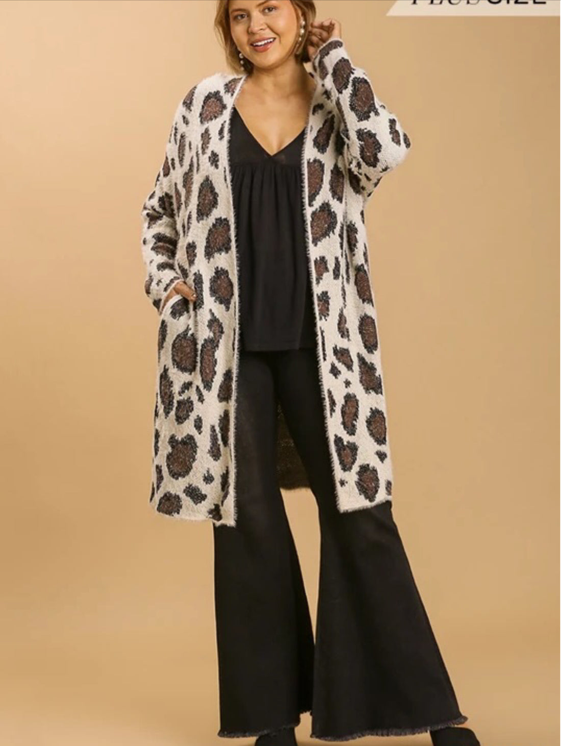 Animal Print Long Sleeve Fuzzy Open Front Sweater Cardigan