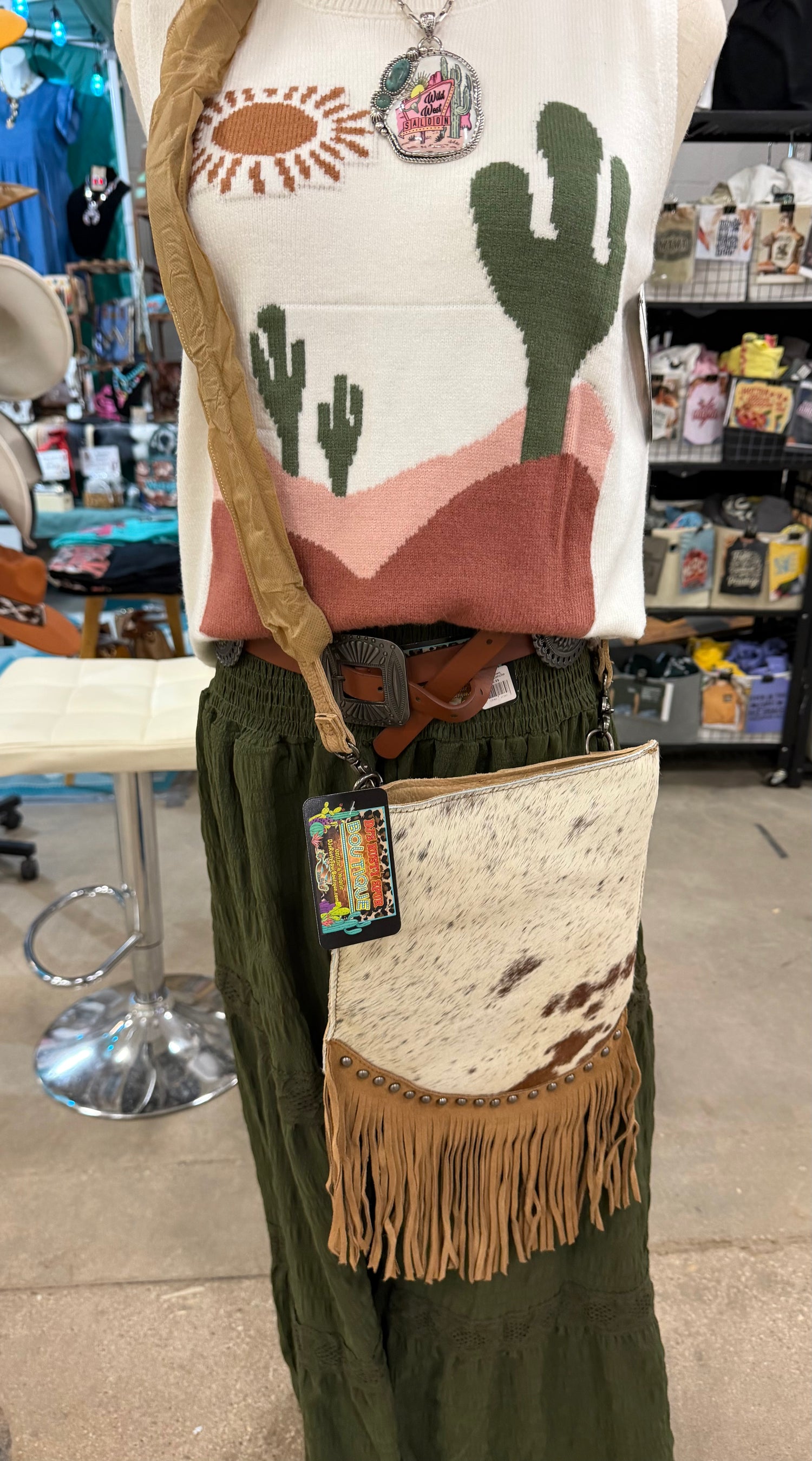 Western Cowhide Crossbody Messenger Bag with Fringe