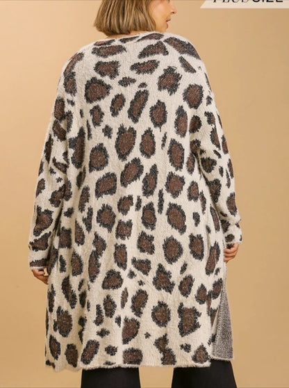 Animal Print Long Sleeve Fuzzy Open Front Sweater Cardigan