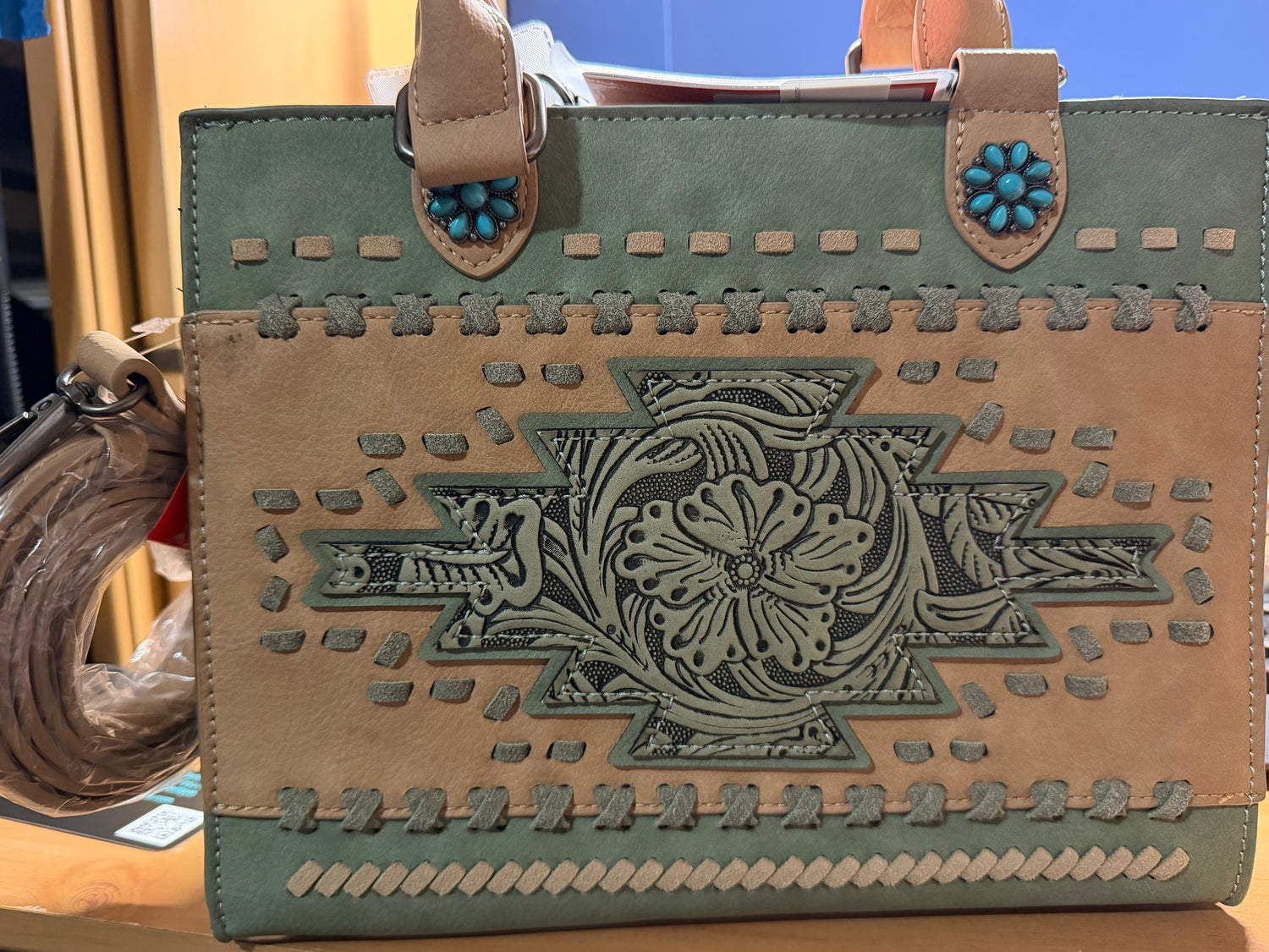 Montana WestFlower TooledAztec Style Small Leather Tote Purse