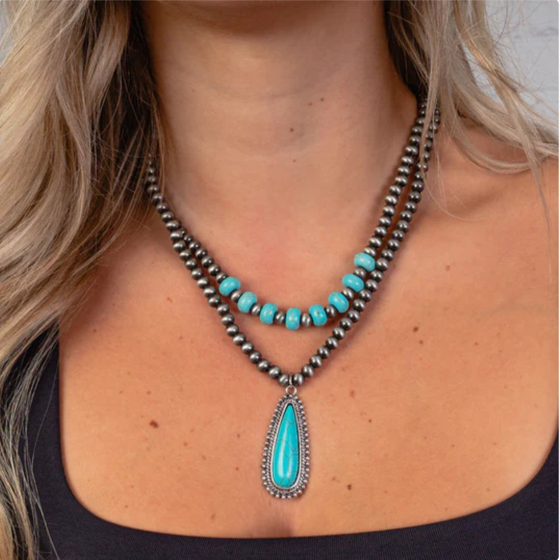 Layered Silver and Turquoise Bead Necklace with Turquoise Pendant and Matching Earrings